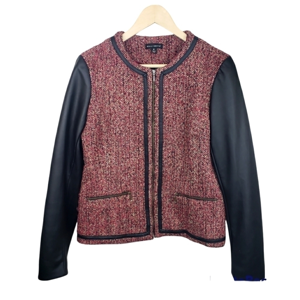 WILLI SMITH Tweed Wool Blend Faux Leather Moto Jacket Size 8